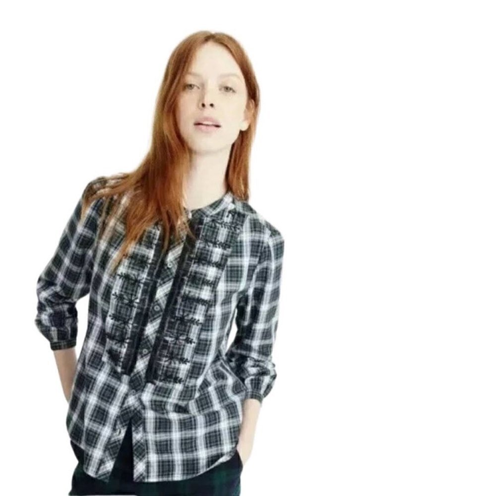 J.crew green plaid embellished top